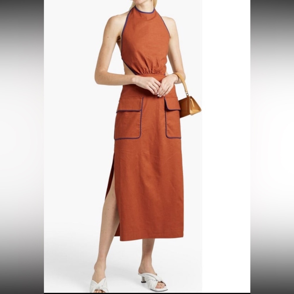 STAUD “Appel” Tan/Black Halter Linen Blend Midi Dress